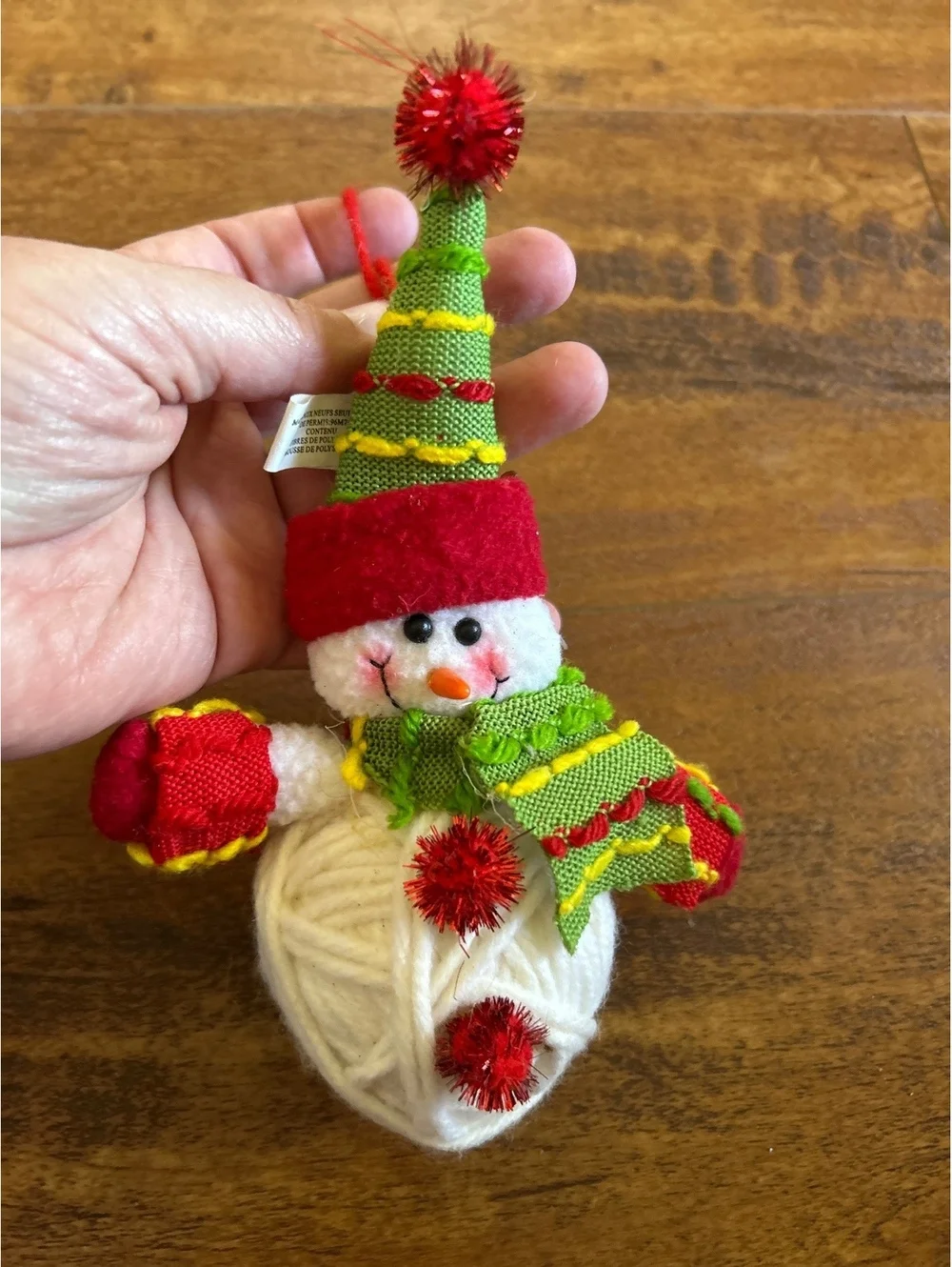 Handmade Christmas Snowman Ornament with Yarn Body and Festive Hat
